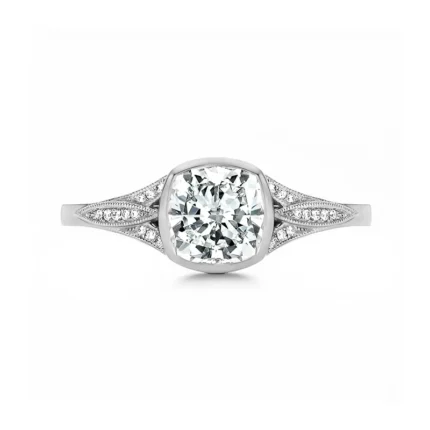 Bezel Set Moissanite Filigree Pave Engagement Ring in Cushion Shape1